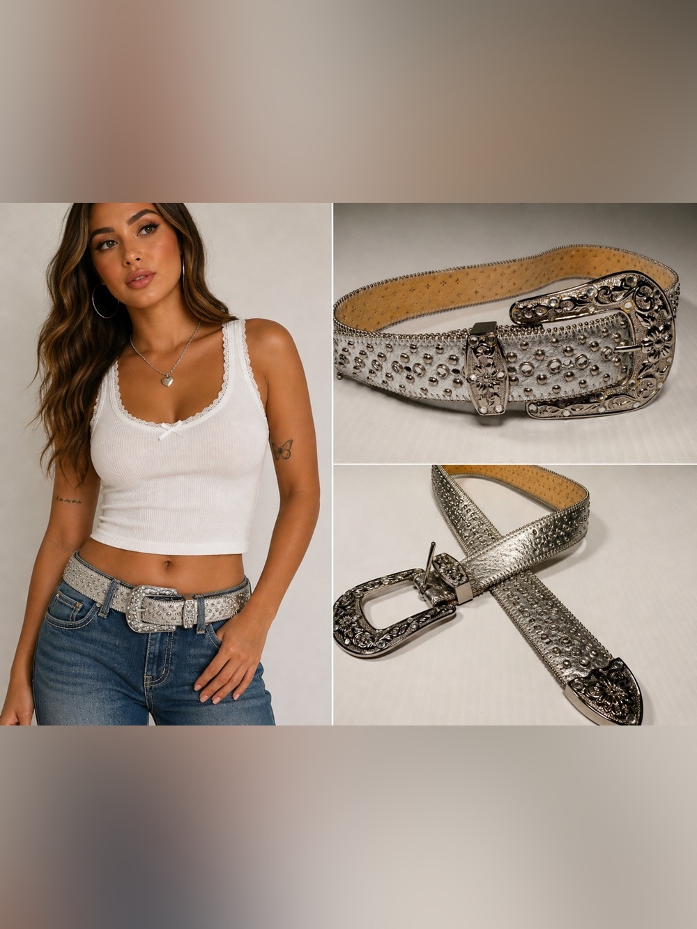 Western Rhinestone Studded Leather Belt Silver Bling Size M